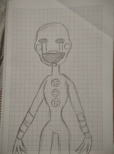 a drawing of a man with buttons on his chest and hands in the air, standing next to a piece of graph paper