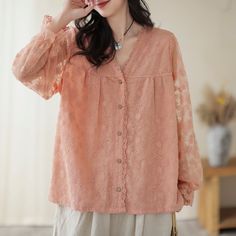 Details: Gender: Women Item Type: Blouse Material: Cotton Season: Spring, Autumn Pattern: Embroidery Style: Casual, Loose, Retro Waist Type: Elastic Waist Size: One Size Length: 61.00 cm/ 24.02 " Bust: 118.00 cm/ 46.46 " Shoulder: 40.00 cm/ 15.75 " Sleeve: 59.00 cm/ 23.23 " V-neck Lace Blouse With Floral Embroidery, Lace V-neck Blouse With Floral Embroidery, Embroidered Lace V-neck Top, Pink Long Sleeve Tops With Lace Patchwork, Pink Long Sleeve Top With Lace Patchwork, Long Sleeve Lace Tops With Floral Embroidery, Long Sleeve Lace Top With Embroidery, Long Sleeve Embroidered Lace Top, Embroidered Long Sleeve Lace Top