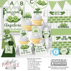 green baby shower party package with cupcakes and decorations