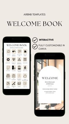 the welcome book is displayed next to an iphone and tablet screen with icons on it