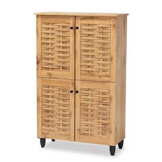 a wooden cabinet with two doors and three drawers