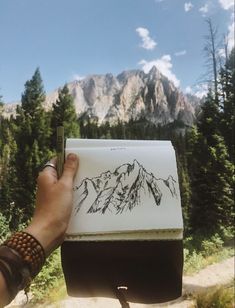 a hand holding a box with a drawing on it in front of trees and mountains