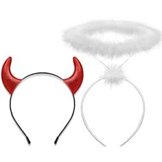 PRICES MAY VARY. ANGEL DEVIL COSTUME SET: This angel halo and devil horns headband set includes 1pcs white angel halo headband and 1pcs red devil horns. You will get two identities at once, and this versatile angel & devil costume accessory is perfect for Halloween, cosplay event and other occasions ANGEL HALO HEADBAND: White halo headband with artificial feathers are designed to give you a pure and charming appearance, and everyone feels like they are in heaven when they see you. The white ange Red Costume Accessories For Party And Cosplay Events, Red Themed Party Costumes, Red Themed Party Costume, Red Costume Hat For Halloween Themed Events, Red Costume Accessories For Halloween Themed Events, Red Halloween Costume Accessories For Themed Events, Red Costume Hats And Headpieces For Halloween, Fantasy Headband Costume Accessories For Halloween, Themed Costume Hats For Cosplay Events