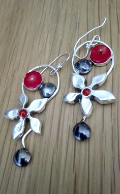 Red Flower Drop Earrings, Artisan Red Teardrop Earrings, Handmade Red Sterling Silver Earrings, Single Red Sterling Silver Earring, Red Bohemian Sterling Silver Earrings, Handmade Artisan Red Earrings, Red Handmade Dangle Earrings, Red Flower Earrings For Pierced Ears, Red Handmade Dangle Danglers