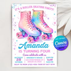 an ice skate birthday party with pink and blue roller skates on the front, white feathers in the background