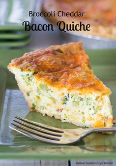 broccoli cheddar bacon quiche on a green plate with a fork