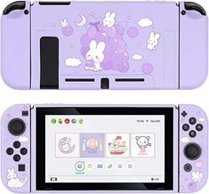 a purple nintendo wii game system with cartoon characters on it