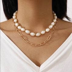 This Faux Baroque Pearl Necklace Is A Wonderful Addition To Your Wardrobe And Your Style! This Unique Piece Is Sure To Get Lots Of Compliments! Chains Are Connected To Help Ensure The Ideal Look Every Time! Aries Necklace, Silhouette Necklace, Abstract Pendant, Velvet Choker Necklaces, Paperclip Chain Necklace, Double Necklace, Pearl Necklace Vintage, Sunflower Necklace, Layered Necklace Set