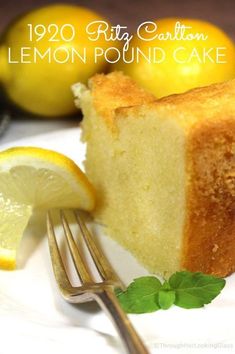 a piece of lemon pound cake on a plate with a fork and lemons in the background