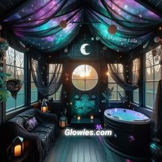 a room with a hot tub in the middle and stars on the ceiling above it