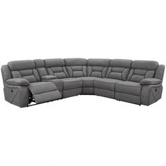 a grey sectional sofa with recliners on the bottom and one end facing it