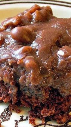 a piece of chocolate cake sitting on top of a white plate with a brown icing