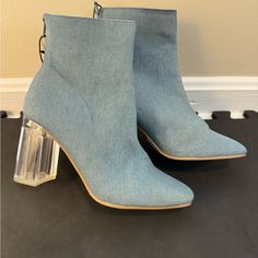 Questions? Leave A Comment Below! Trendy Blue Summer Boots, Casual Blue Heels For Fall, Forever 21 Casual Round Toe Heels, Casual Round Toe Heels By Forever 21, Chic Forever 21 Spring Boots, Casual Forever 21 Boots For Spring, Forever 21 Jeans, Forever 21 Shoes, Clear Heels