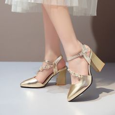 Gender: For Women Style: Fashion,KoreanOccasion: Casual,Party/Club,Office/CareerHeel Height: 5cmPlatform Height: 1cmSeason: Spring,Summer,Fall/Autumn,WinterPackage Contents: 1 x Shoes (Pair)Size Guide:28 = foot length 18.5-19cm (Foot width=6.5-7cm)29 = foot length 19-19.5cm (Foot width=7cm)30 = foot length 19.5-20cm (Foot width=7-7.5cm)31 = foot length 20-20.5cm (Foot width=7.5cm)32 = foot length 20.5-21cm (Foot width=7.5-8cm)33 = foot length 21-21.5cm (Foot width=8cm)34 = foot length 21.5-22cm Gold Block Heels With Heel Strap For Spring, Gold Block Heels With Ankle Strap For Spring, Gold Ankle Strap Block Heels For Spring, Gold Block Heels For Spring Party, Gold Spring Party Block Heels, Gold Low Heel Heels For Spring, Gold Closed Toe Heels For Spring, Gold Pointed Toe Block Heels For Party, Gold Pointed Toe Sandals For Summer