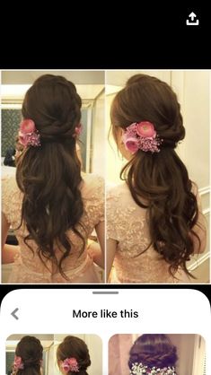 Loose Hairstyles Wedding Indian Saree, Simple Hairstyles With Flowers, Side Rose Hairstyle Indian, Indian Suit Hairstyle Women, Sangeet Hairstyles For Bride Mom, Open Hairstyles For Saree Look, Bridal Mom Hairstyles, Indian Wedding Hairstyles For Mom, Side Flower Hairstyles