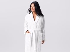 Coyuchi | Unisex Cloud Loom Organic Robe Small/Medium Alpine White | Inspired by our best-selling organic cotton Cloud Loom towels, this robe begins with the same long-staple cotton, loomed into single loops that feel thick and plush, yet lofty. The Aerospin process aligns the fibers in each yarn, making the robe just as soft and absorbent as our towels but a touch smoother and sleeker. The classic shawl-collared silhouette wraps cozily and features an adjustable belt and side pockets. We recomm Bathrobes For Women, Cotton Clouds, Alpine White, Organic Bath Products, Wool Dryer Balls, Cotton Textile, Organic Cotton Fabric, Adjustable Belt, Steel Blue