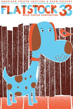 a blue dog standing in front of a wooden fence with the words flatstock 3 on it