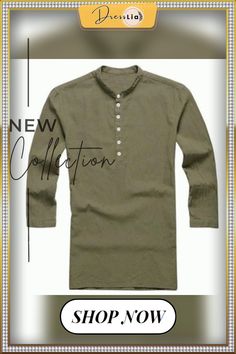 Men Button Solid Cotton Linen Half Sleeve Shirts Linen Casual Tops With Stand Collar And Button Cuffs, Khaki Long Sleeve Shirt With Buttons, Khaki Long Sleeve Shirt With Placket, Cotton Henley Shirt With Buttons, Cotton Henley Neckline Shirt With Buttons, Henley Neckline Cotton Shirt With Buttons, Half Sleeve Shirts, Half Sleeve, Shirt Sleeves