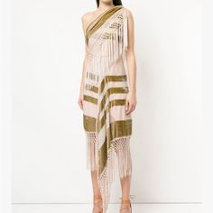 Brand: Alice Mccall Size: Us4 Color/Design: Pink/Cream, Gold, One Shoulder, String Tassels Condition: Pre-Owned Alice Mccall Resort 2022, Alice Mccall, Tassel Dress, Gold Cream, Cream And Gold, One Shoulder, Tassels, Color Design, Colorful Dresses