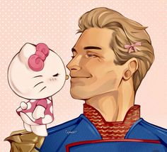 a drawing of a man holding a hello kitty doll