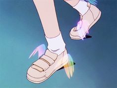 an anime character is flying through the air with her foot on top of another person's shoe