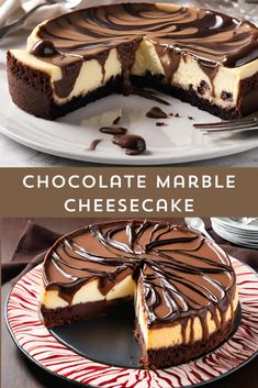 chocolate marble cheesecake on a plate with one slice cut out