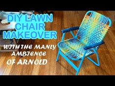 a blue lawn chair sitting on top of a hard wood floor