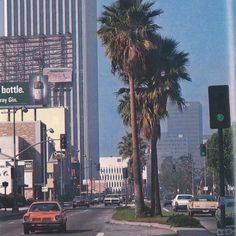 a city street with tall buildings and palm trees