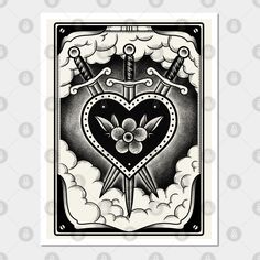 a black and white drawing of a heart with two swords in the middle, surrounded by clouds