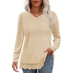 MOSHU Long Sleeve Tops for Women V-neck Womens Blouses Lace Hem Casual Shirts Elevate your wardrobe with these lace-hem shirts for women, designed to combine both casual comfort and dressy sophistication. Featuring a v-neck, long sleeves, and a loose fit, these womens tops offer a relaxed yet chic look thats perfect for various occasions. The delicate lace hem adds a touch of femininity, while the flowy silhouette flatters all body types. Whether you're dressing up for a night out or keeping it Long Sleeve Tops For Women, Womens Shirts Casual, Womens Lace Shorts, Womens Flannel Shirt, Womens Tops Dressy, Womens Blouses, Tunic Tops Casual, Dressy Blouse, Casual Tunics