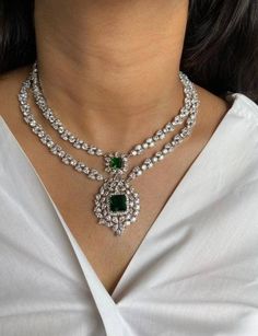 Diamond Necklace With Jewels, Diamond White Necklace With Jewels, Exquisite Emerald Diamond Necklace, White Gold Diamond Necklace With Jewels, Dazzling Brilliant Cut Emerald Necklace For Wedding, Formal Emerald Necklaces With Single Cut Diamonds, Anniversary Emerald Necklace With Cubic Zirconia Jewels, White Gold Diamond Choker For Wedding, Dazzling Hand Set Emerald Necklace For Anniversary