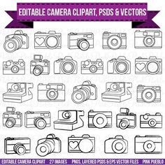 a large collection of cameras with ribbons around them and the words editable camera clipart, psd & icons