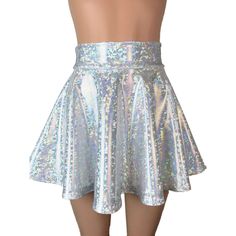 Stretch holographic silver shattered glass print spandex high-waisted skater skirt. The shimmery fabric shows a rainbow of colors in the light and swings and twirls with movement. The skirt length is 15.5" from top to bottom - but if you'd like it shorter, please say so in the comments. Holographic Clothes, Vbs Space, Mini Circle Skirt, Pep Club, Mermaid Costume Diy, Short Flared Skirt, Casual Summer Skirt, Grammy Dresses, Shimmery Fabric