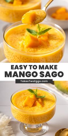 mango sauce in glass bowls with spoons and text overlay that reads easy to make mango sago