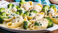 broccoli and ravioli with cheese sauce in a white dish on a wooden table