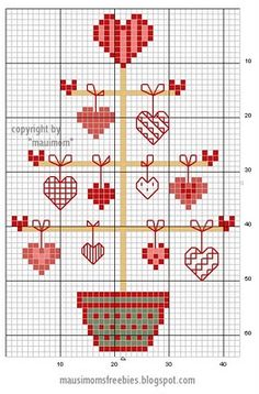 a cross stitch pattern with hearts in a basket on the front and bottom half of it