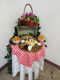 a table topped with lots of food next to a basket filled with fruit and vegetables