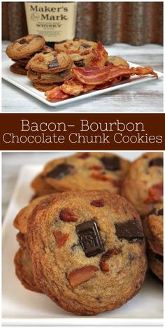 bacon and bourbon chocolate chunk cookies on a plate