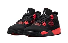 The Air Jordan 4 Retro 'Red Thunder' is a stylish sneaker for kids. It features a black and red colorway, with a rubber sole and Jumpman logo in white. Its iconic silhouette is inspired by the original Air Jordan 4, with no extreme changes. This sneaker is perfect for everyday activities, and is sure to make a statement. It's a great addition to any sneaker collection, and is sure to be a hit with kids. (AJ4/SNKR/Mid Top/Basketball) Fade-resistant Air Jordan 4 For Streetwear, Air Jordan 4 Fade-resistant For Streetwear, Low-top Fade-resistant Air Jordan 4 For Streetwear, Sporty Air Jordan 4 Fade-resistant For Streetwear, Breathable Air Jordan 4 For Streetwear, Sporty Air Jordan 4 For Streetwear With Rubber Sole, Air Jordan 4 Breathable For Streetwear, Sporty Air Jordan 4 With Rubber Sole For Streetwear, Casual Air Jordan 4 Breathable For Streetwear