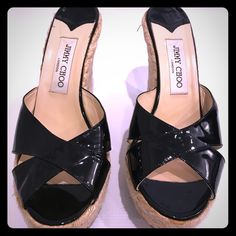 Black Patent Slide On With Woven Wedge Heel. Great Condition. Minor Scuffs On Bottom And Top. Jimmy Choo Shoes, Slide On, Wedge Sandal, Womens Shoes Wedges, Black Cream, Wedge Heels, Wedge Sandals, Jimmy Choo, Wedges