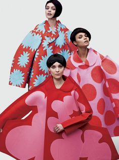 Cover styled by Carine Roitfeld for the Youthquake issue of V Magazine features models Stef Van Der Laan, Daniela Braga, and Kati Nescher wearing those flat-lined New Silhouette coats from Comme des Garcons Fall 2012. Carine Roitfeld Style, Rei Kawakubo Comme Des Garcons, Carine Roitfeld, Fashion Book, Rei Kawakubo, V Magazine, Pink Dresses, 1960s Fashion, Textiles Fashion