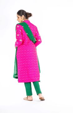 Engrossing Pink and Green Handloom Ikkat Raw Silk Salwar Kameez – Panache Haute Couture Raw Silk Salwar, Zardozi Embroidery, Add Sleeves, Embroidery Materials, Glam Look, Types Of Embroidery, Glam Looks, Embroidery Work, Displaying Collections