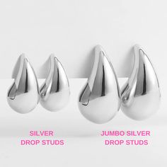 three silver drop studs on a white background with the words jump and drop studs below them