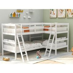 the bunk bed has two sets of ladders on each side and one set of drawers underneath it