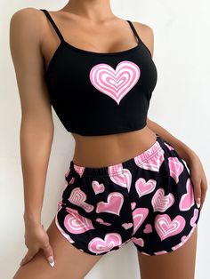 Multicolor Casual  Sleeveless  Heart Short Sets Embellished Slight Stretch Summer Women Sleep & Lounge Geometric Alphabet, Cute Lazy Day Outfits, Short Pj Set, Lazy Day Outfits, Top And Pants Set, Womens Pyjama Sets