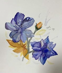 a painting of blue and yellow flowers on a white paper with watercolor pencils