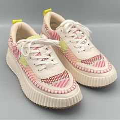 Nwot Women's Size 7.5m Dolce Vita Denae Platforms Sneakers. Woven Pink, Green, Teal, And Red Upper Material, With Chunky Cream/ Off-White Approx. 1.5" Platform. No Signs Of Wear, But There Is Some Discoloration In The Rubber Of The Right Shoe - See Photos. Pink Lace-up Sneakers With Textured Sole, Pink Leather Platform Sneakers With Rubber Sole, Pink High-top Platform Sneakers With Textured Sole, Pink Low-top Platform Sneakers With Textured Sole, Pink Lace-up Platform Sneakers With Rubber Sole, Pink Synthetic Platform Sneakers With Rubber Sole, Multicolor Spring Platform Sneakers With Laces, Multicolor Platform Sneakers For Spring, Spring Multicolor Platform Sneakers With Laces