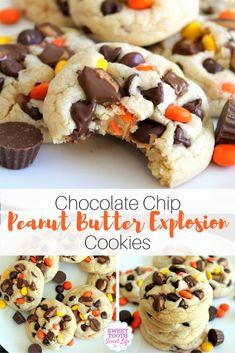 chocolate chip peanut butter explosion cookies on a white plate with candy bars and candies