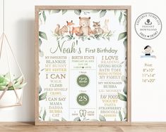 a baby's first birthday poster with animals and leaves on the wall next to a potted plant