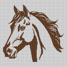 a cross stitch pattern of a horse's head with long manes, brown and white